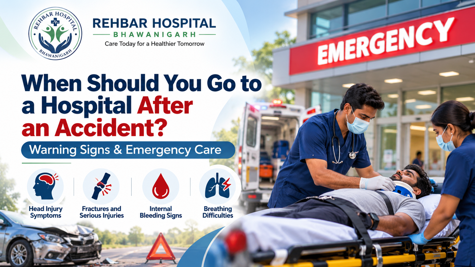 Patient receiving emergency assessment after a road accident at Rehbar Hospital in Bhawanigarh