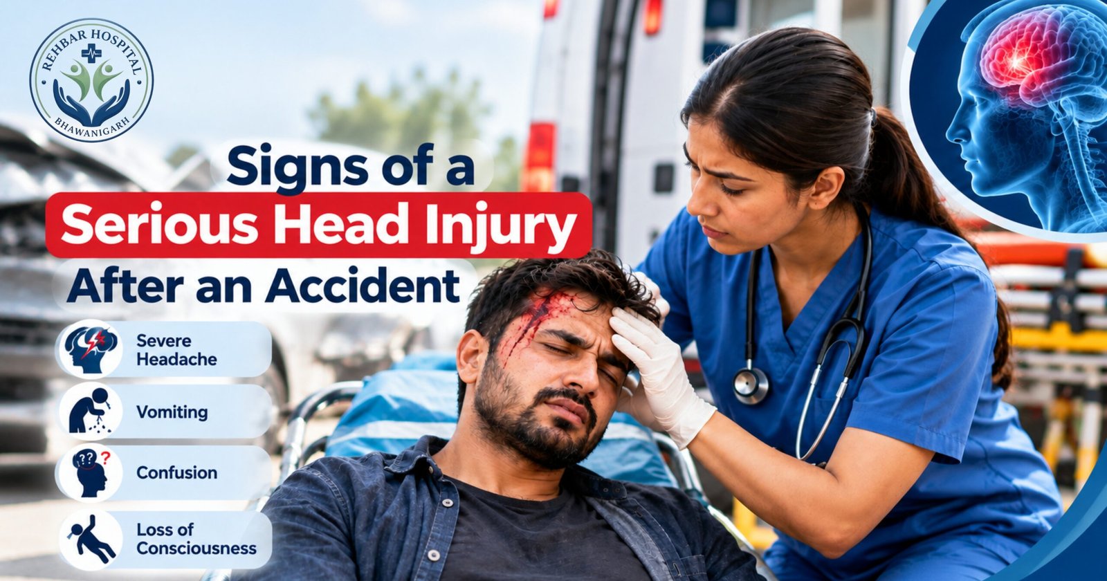 Doctor assessing a patient for serious head injury symptoms after an accident
